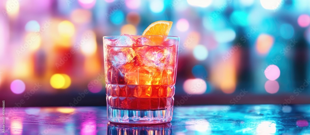 Aufkleber Alcoholic beverage and cocktail on a bar with a vibrant bokeh background. with copy space image. Place for adding text or design