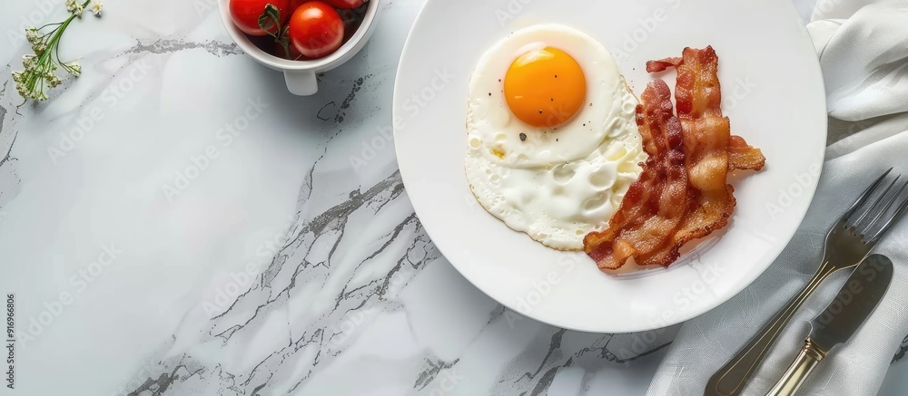 Aufkleber english breakfast egg and fried bacon a cup of tomatoes breakfast served on a marble table fried egg