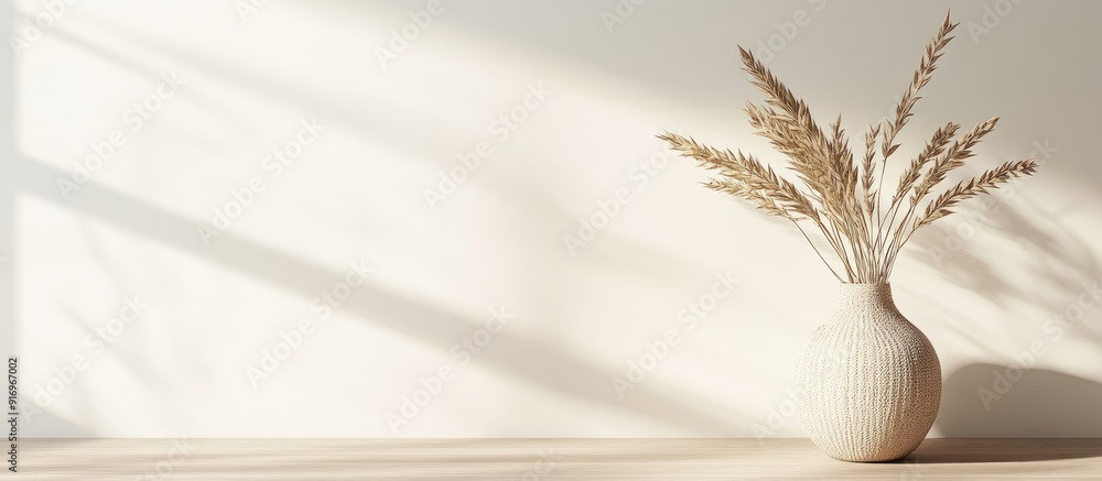 Poster interior decoration featuring dried triticale leaves and a ceramic vase. with copy space image. plac