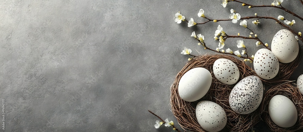 Poster easter dinner table setting for the holiday adorned with eggs on a stone background featuring copysp