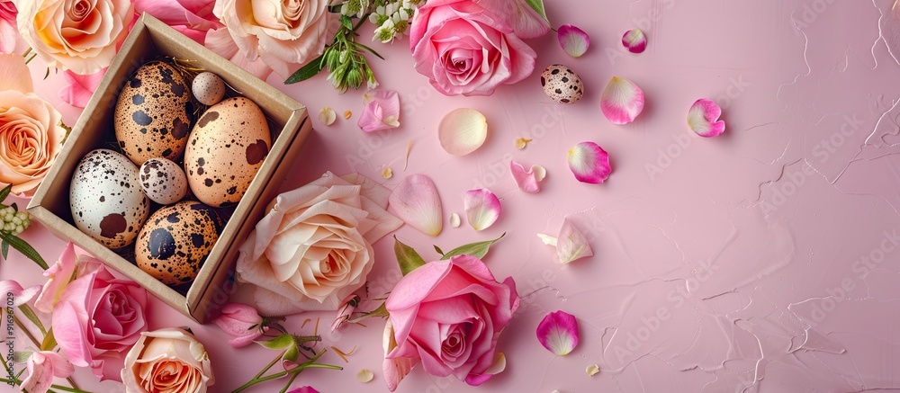 Aufkleber Easter eggs and quail eggs in a box with roses on a pastel pink background top view flat lay Easter theme. with copy space image. Place for adding text or design
