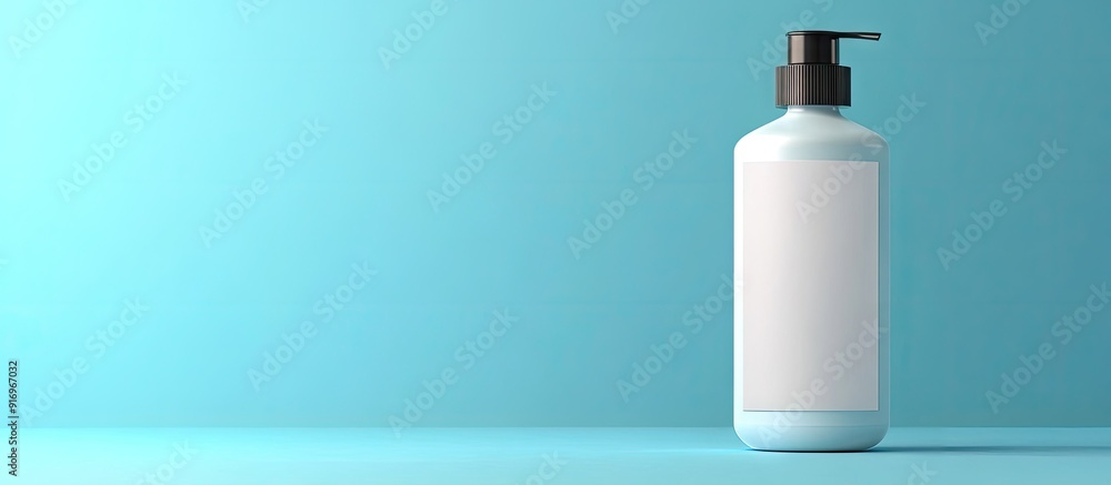 Poster white bottle shampoo mockup with a blank label on a blue background beauty and health care bottle. w