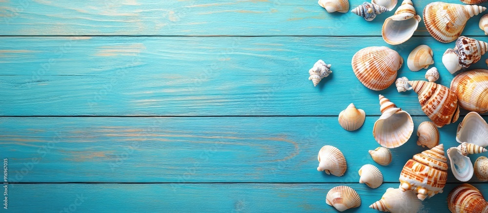 Poster Idea of summer with sea shells on a blue wooden background. with copy space image. Place for adding text or design