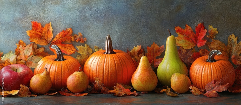 Leinwandbilder autumn still life featuring pumpkins apples pears and vibrant leaves includes space for your text. w