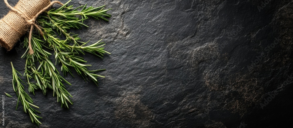 Poster Fresh rosemary bundle and jute twine on a black stone table backdrop Cooking spices Top view banner. with copy space image. Place for adding text or design