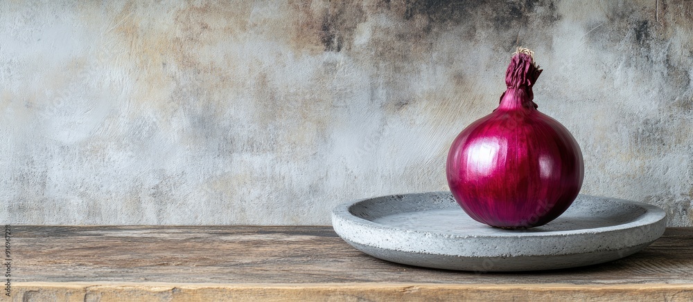 Poster red seeding onion on a concrete plate on a wooden surface with copy space