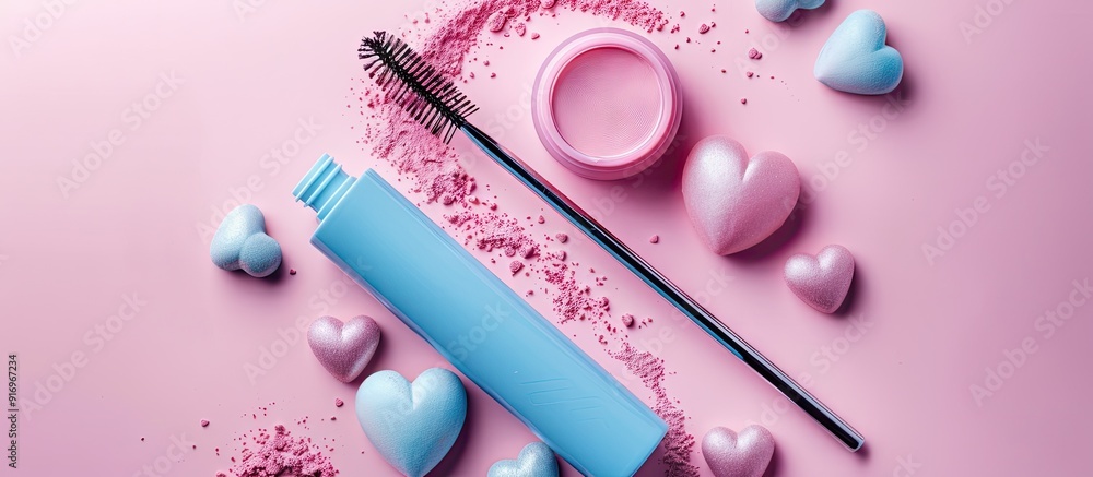 Poster the idea of beauty and cosmetics open blue mascara tube against a pink background adorned with red h