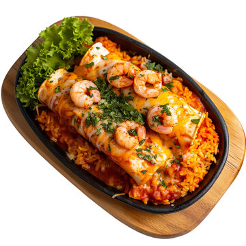 Front view of mouth-watering Cuban Shrimp Enchilado with Rice on a traditional wooden board, isolated on a white transparent background