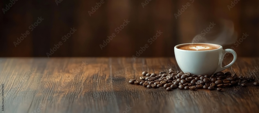 Poster coffee beans and a cup of coffee on the table. with copy space image. place for adding text or desig