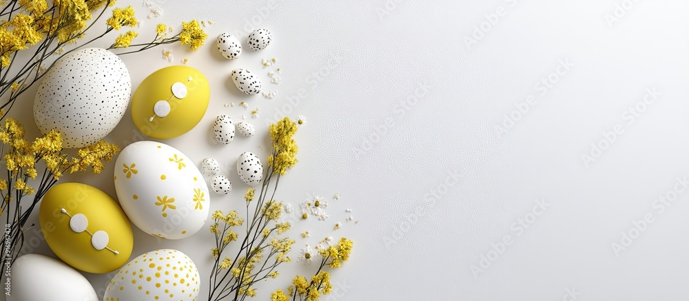 Aufkleber Yellow and white eggs yellow flowers and an Easter bunny on a white background Food displayed on a clear white backdrop Mockups Layout Minimalist Easter background. with copy space image