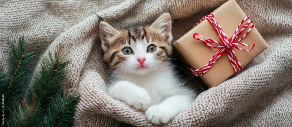 Poster Adorable kitten resting under a blanket next to a gift box View from above Blank area for text. with copy space image. Place for adding text or design