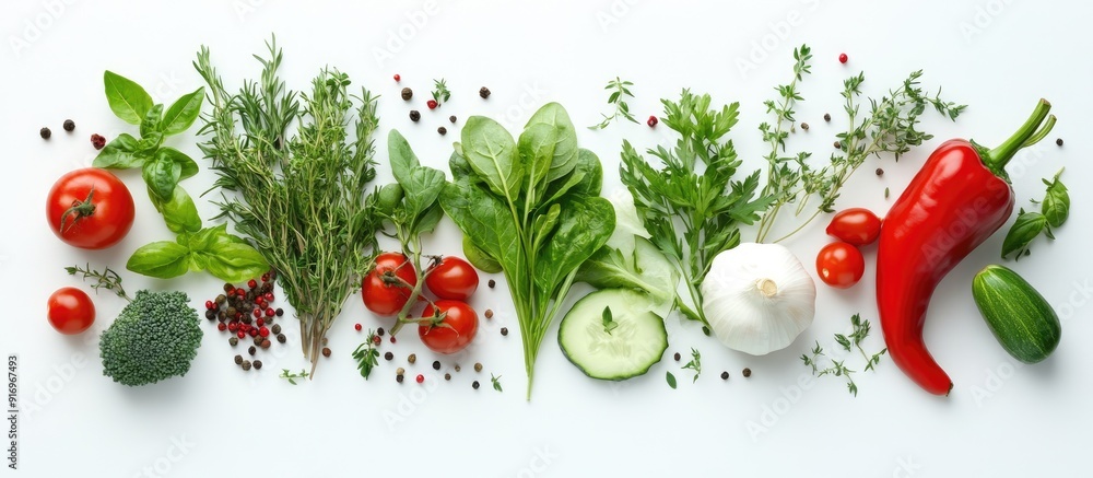 Poster a variety of fresh vegetables and herbs on a white background. with copy space image. place for addi