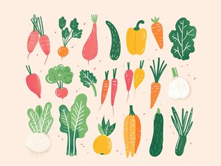 Set of various vegetables simple illustration. AI generated