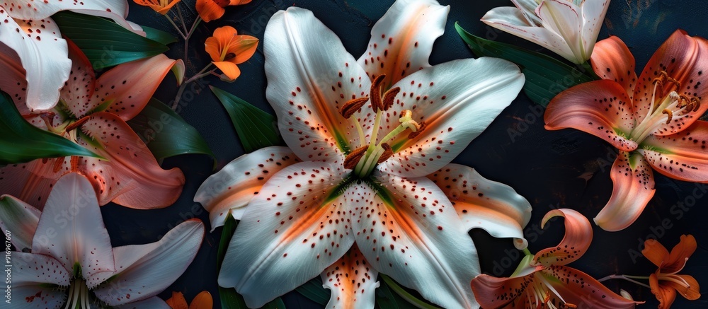 Aufkleber Delicate white tiger lily set against a white background Beautiful still life Star shaped flower Springtime Flat lay top view. with copy space image. Place for adding text or design