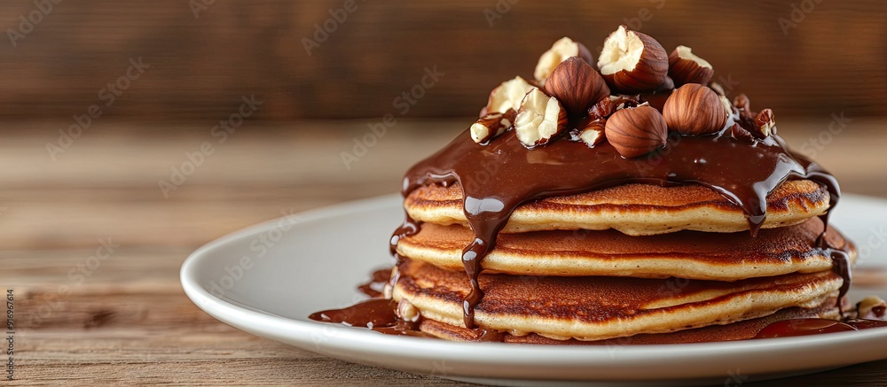 Fototapete pancakes topped with chocolate spread and hazelnuts served on a white plate against a wooden backgro