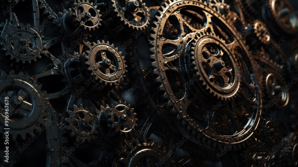 Poster intricate mechanism of interlocking cogs