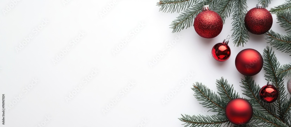 Poster minimal christmas arrangement fir tree branches with red christmas ornaments on a white background t