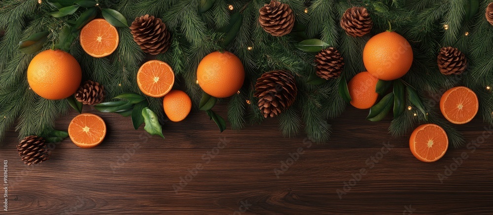 Aufkleber Christmas decorations feature fir branches cones and tangerines on a wooden backdrop. with copy space image. Place for adding text or design