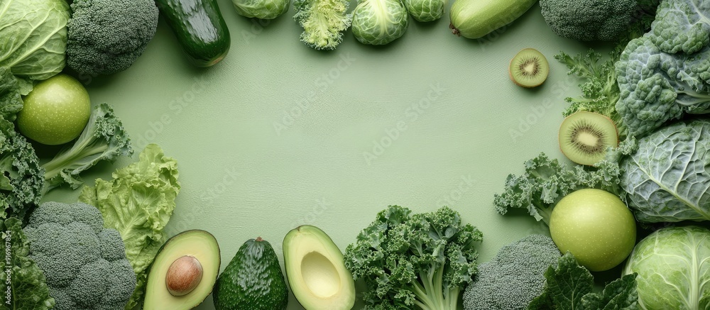 Aufkleber creative food layout featuring green fruits and vegetables on a green background flat lay avocado ka