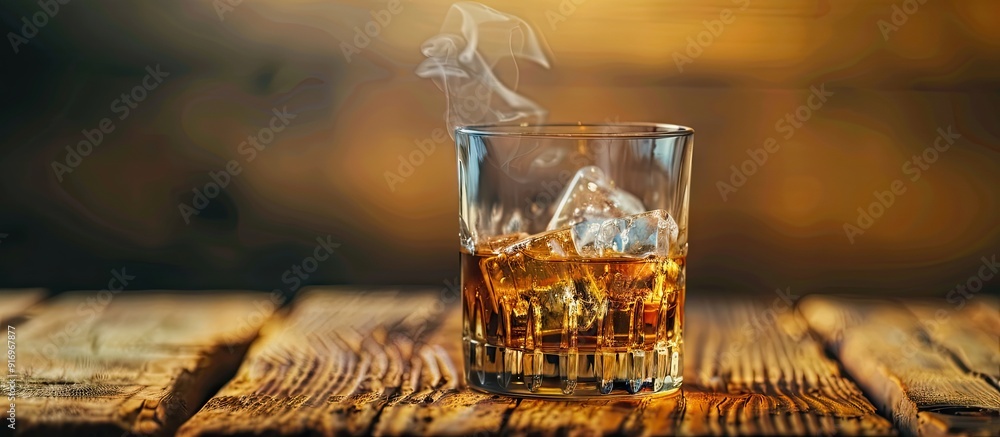 Poster glass of whiskey with ice on a wooden surface. with copy space image. Place for adding text or design