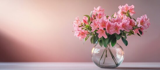 Obraz premium Glass vase filled with lovely pink azaleas featuring plenty of copy space High quality image