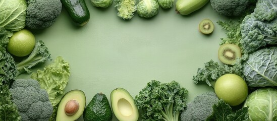 Creative food layout featuring green fruits and vegetables on a green background flat lay avocado kale broccoli Brussels sprouts kiwi peppers apple and cabbage top view with room for text