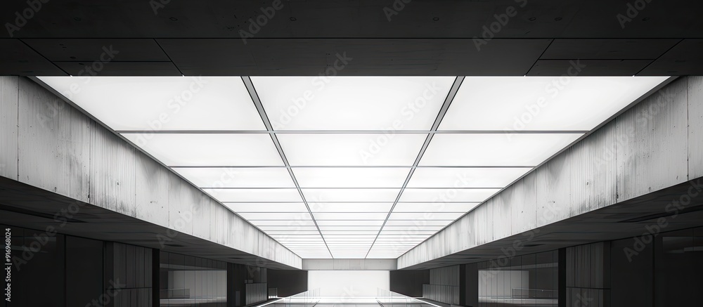 Poster Light Emitting White Ceiling Skylight Reflected light and dark open spaces between the panels featuring geometric patterns. with copy space image. Place for adding text or design
