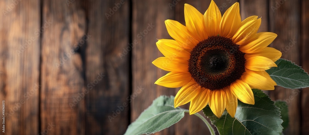 Aufkleber yellow sunflower against a brown wooden backdrop autumn image showcasing the harvest. with copy spac