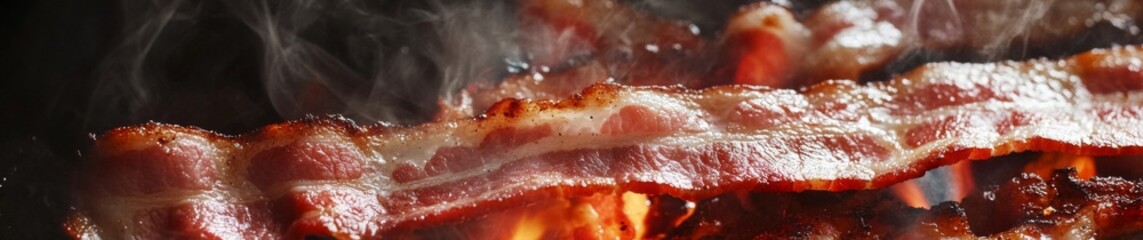 Obraz premium Sizzling Crispy Bacon in a Pan, the Perfect Breakfast Delight for Food Blogs, Cooking Websites, and Breakfast Menu Designs.