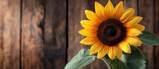 Obraz premium Yellow sunflower against a brown wooden backdrop Autumn image showcasing the harvest. with copy space image. Place for adding text or design