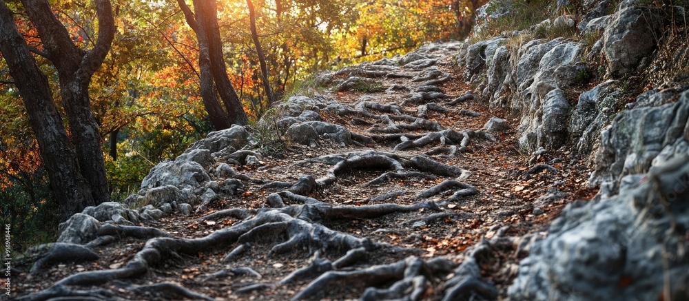 Aufkleber a hiking trail among the trees filled with tree roots and rocks. with copy space image. place for ad