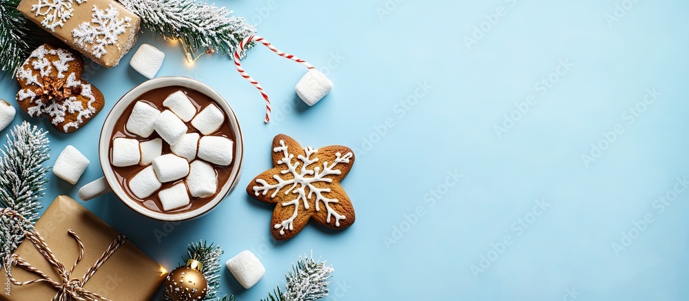 Poster cup of chocolate topped with marshmallows gingerbread cookies gifts and lovely christmas decorations