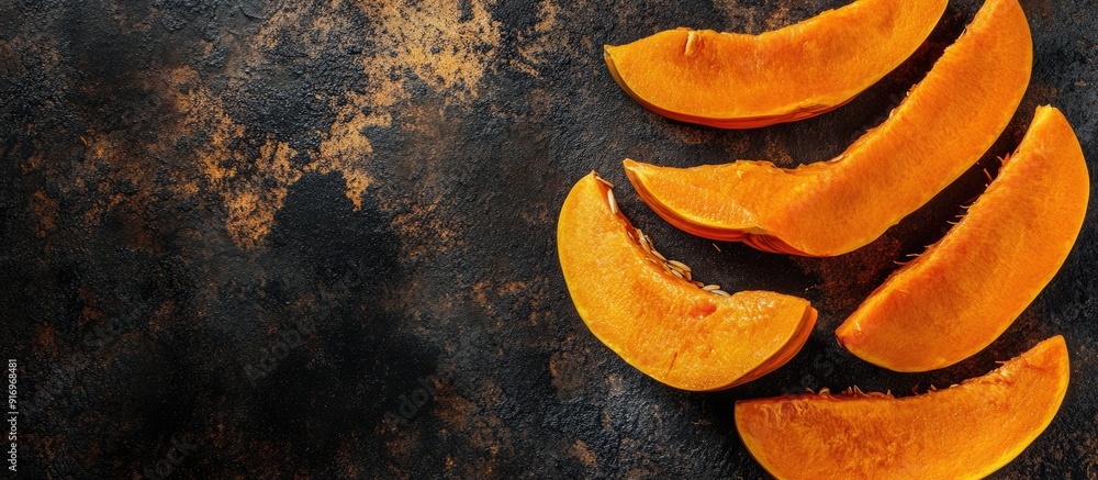 Fototapete baked pumpkin slices on a dark background viewed from above. with copy space image. place for adding