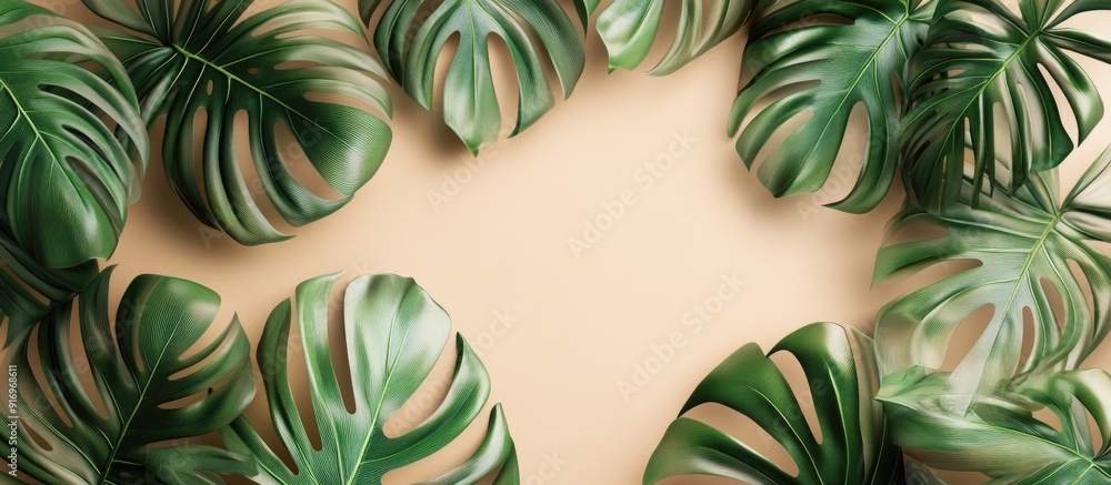Aufkleber Exotic tropical Monstera palm leaf Flat lay top view perspective. with copy space image. Place for adding text or design