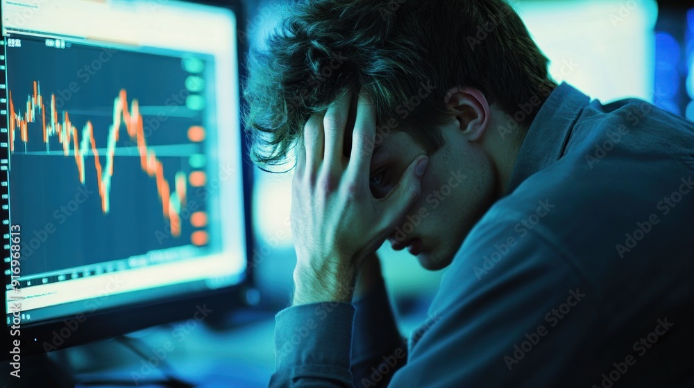 Poster man in distress looking at stock market data on computer screen