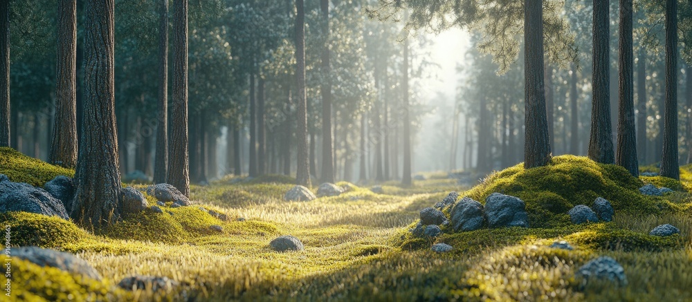 Poster a enchanting pine tree forest in daylight featuring moss and grass. with copy space image. place for