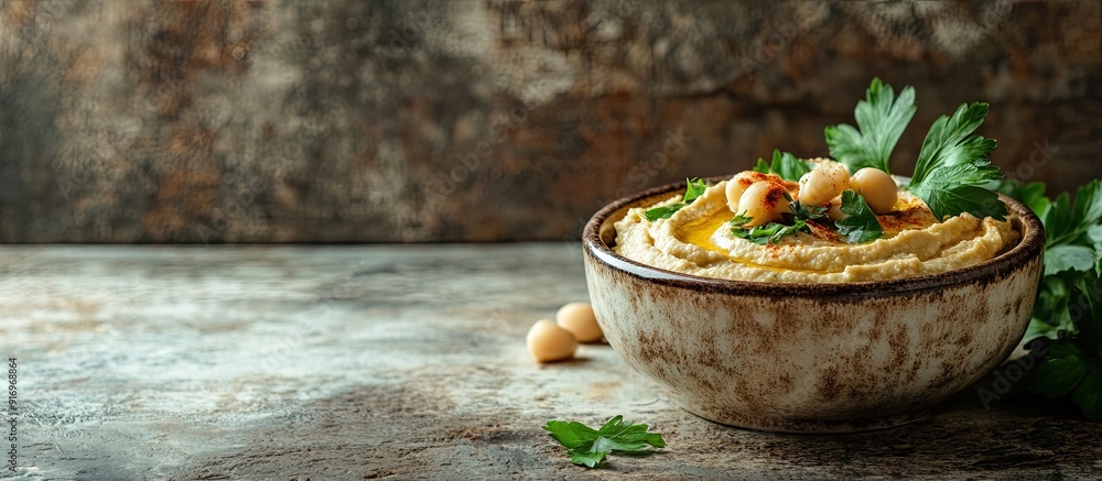Poster Hummus a vegetarian dish set against a rustic background with copyspace