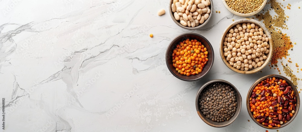 Poster assorted legumes lentils chickpeas and beans in various bowls on a white table top view with copyspa