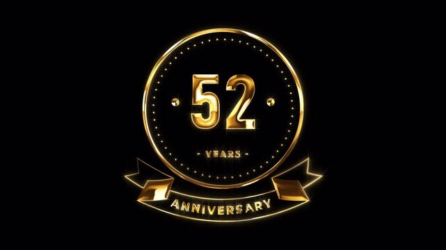 52nd Anniversary Celebration. Happy 52 Years Anniversary Animation in Gold Color on the Transparent Background, Alpha Channel. Great for greetings, celebrations, events, and gifts.