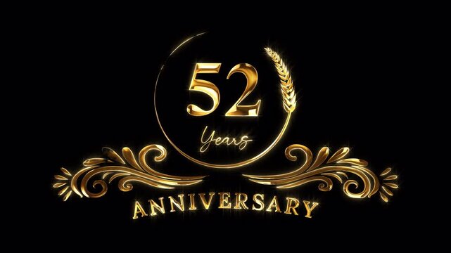 52nd Anniversary Celebration. Happy 52 Years Anniversary Animation in Gold Color on the Transparent Background, Alpha Channel. Great for greetings, celebrations, events, and gifts.