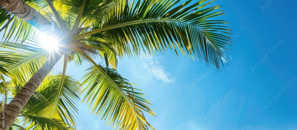 Aufkleber Coconut leaves set against a blue sky backdrop. with copy space image. Place for adding text or design