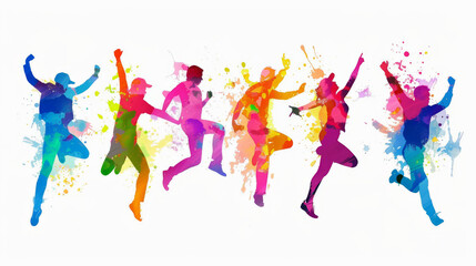 Colorful silhouettes of people dancing expressively. They represent different dance styles like jazz funk, hip hop, and house dance. A man is leaping in the air against a white background, celebrating