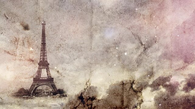 Eiffel Tower in Paris smoothly appears on old, grunge paper with time lapse of sky with clouds. Creative, combined 3D 4K parallax video of high quality. Template for a postcard or historical video.
