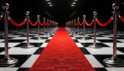A red carpet lined with stanchions and ropes, leading to a darkened space, suggesting a glamorous event.