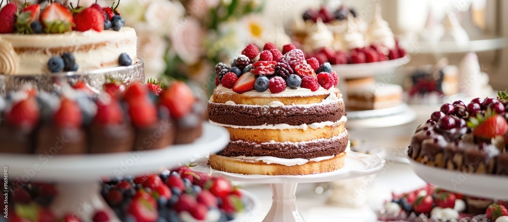 Poster A table displaying cakes with selective focus and room for a copy space image