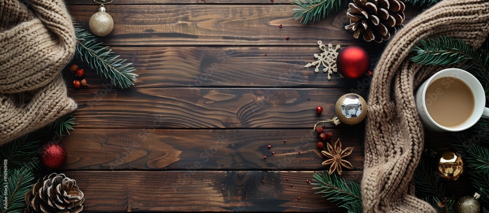 Poster creative flat layout on a dark wood table with christmas themed decorations including a scarf coffee