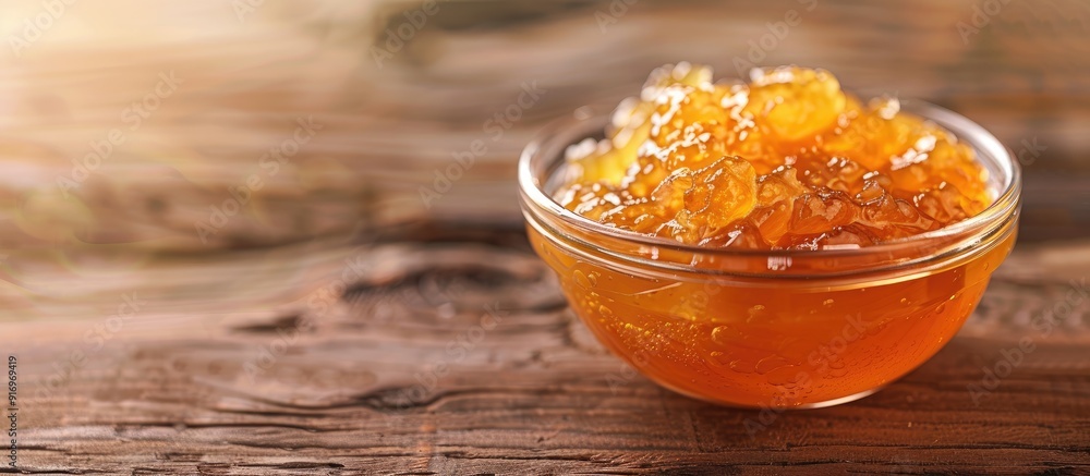 Poster Orange jelly in a bowl on a tabletop with ample copy space for adding text to the image