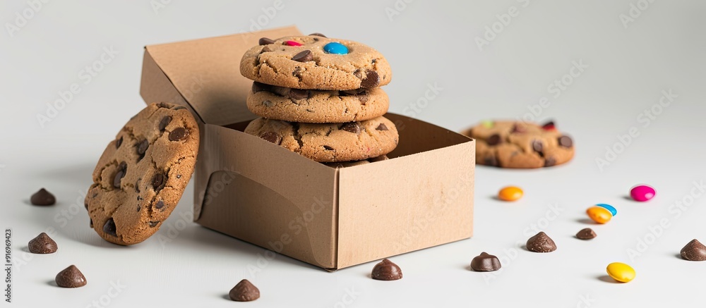 Poster Isolated on a white background a product cardboard package box is available for cookies sweets and candies with mock up copy space image for adding text