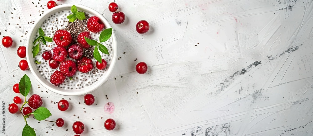 Poster Vanilla chia pudding with red berries on a white wooden backdrop perfect for a healthy snack concept with space for adding text or other images. Creative banner. Copyspace image