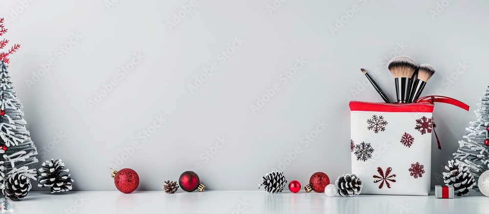 Aufkleber Festive display with a makeup bag cosmetics and present on a grey backdrop with blank copy space image